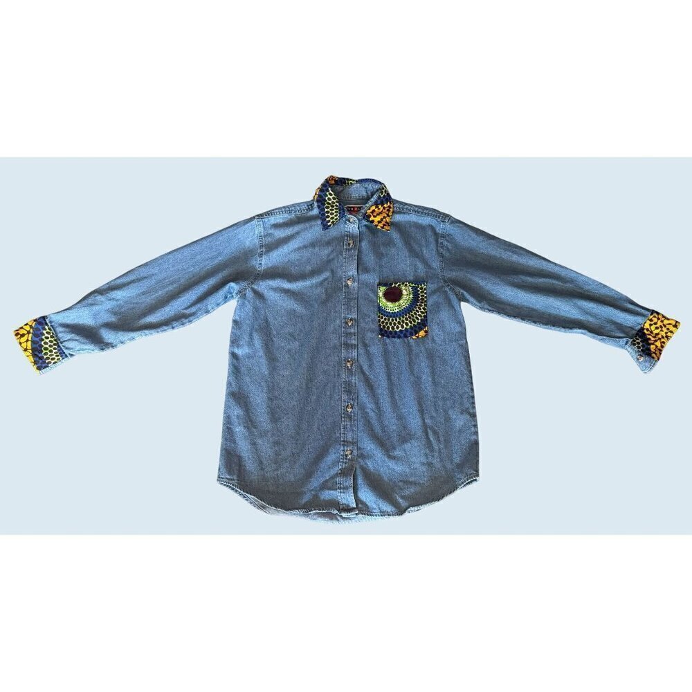 Vintage Jerzees Denim Geometric Print Denim Shirt 90s / Y2K Sz S - Picture 2 of 7